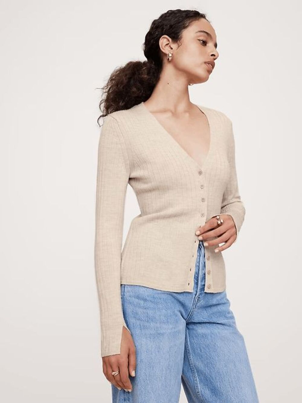 Banana Republic Oatmeal Merino Wool Ribbed Cardigan Sweater Women's Size Medium